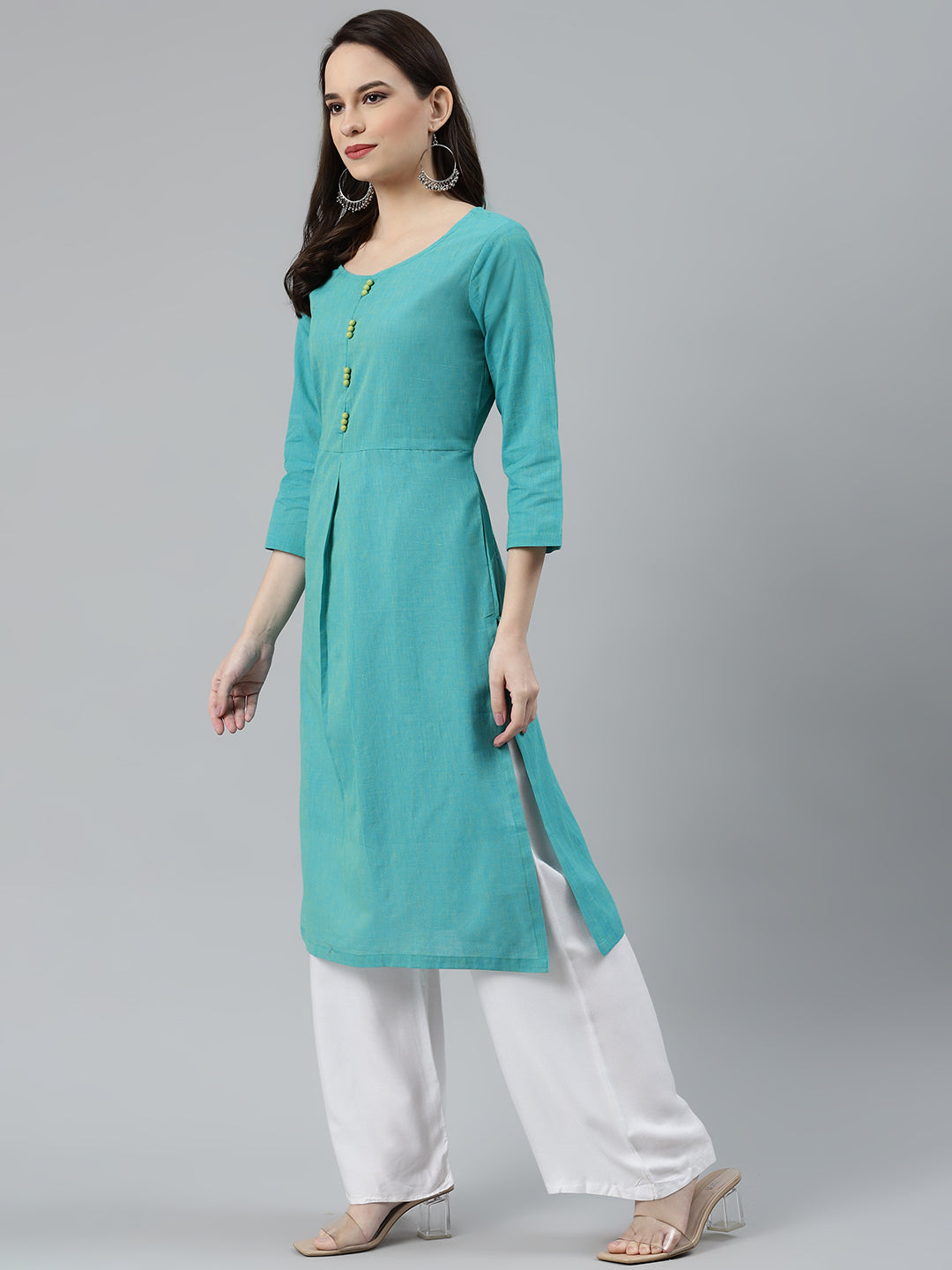 Jompers Women Blue Woven Design Pure Cotton Straight Pleated Kurta