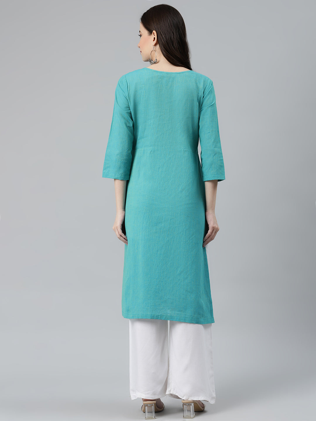Jompers Women Blue Woven Design Pure Cotton Straight Pleated Kurta