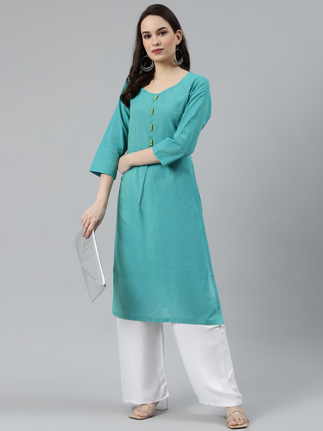 Jompers Women Blue Woven Design Pure Cotton Straight Pleated Kurta