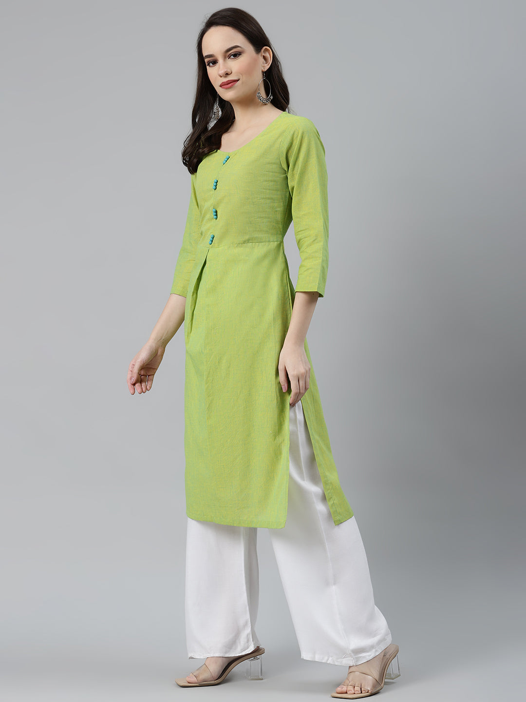 Jompers Women Green Woven Design Pure Cotton Straight Pleated Kurta