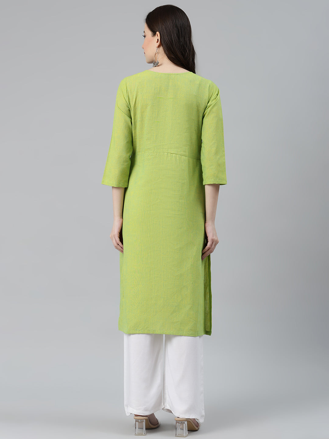 Jompers Women Green Woven Design Pure Cotton Straight Pleated Kurta