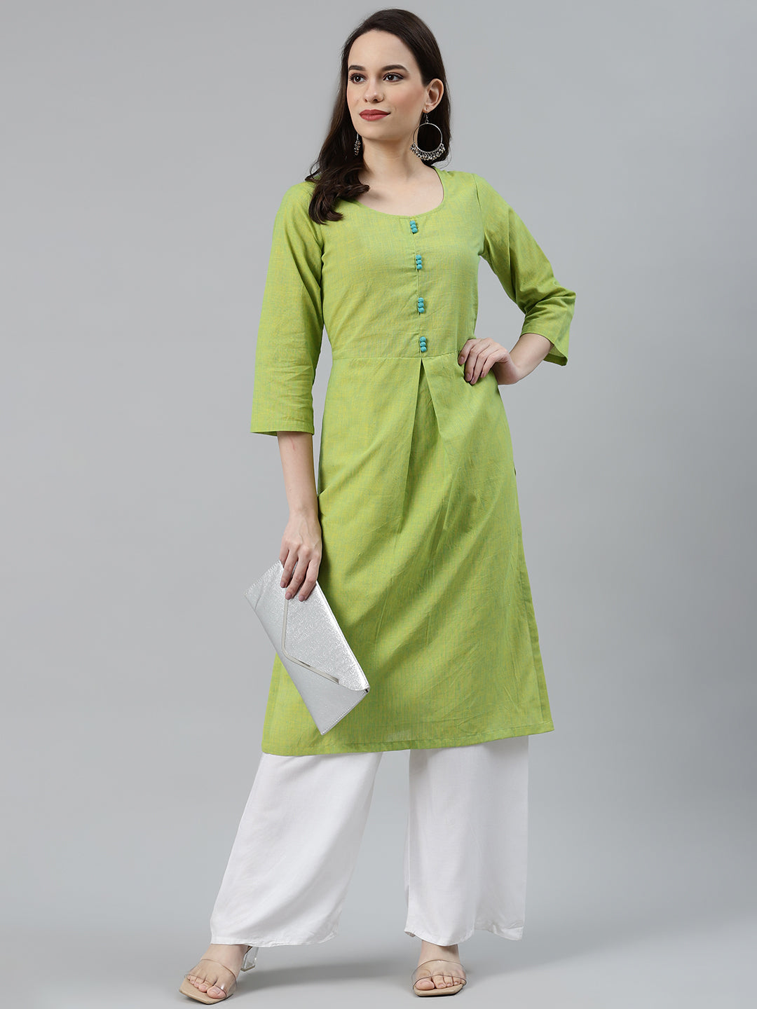 Jompers Women Green Woven Design Pure Cotton Straight Pleated Kurta