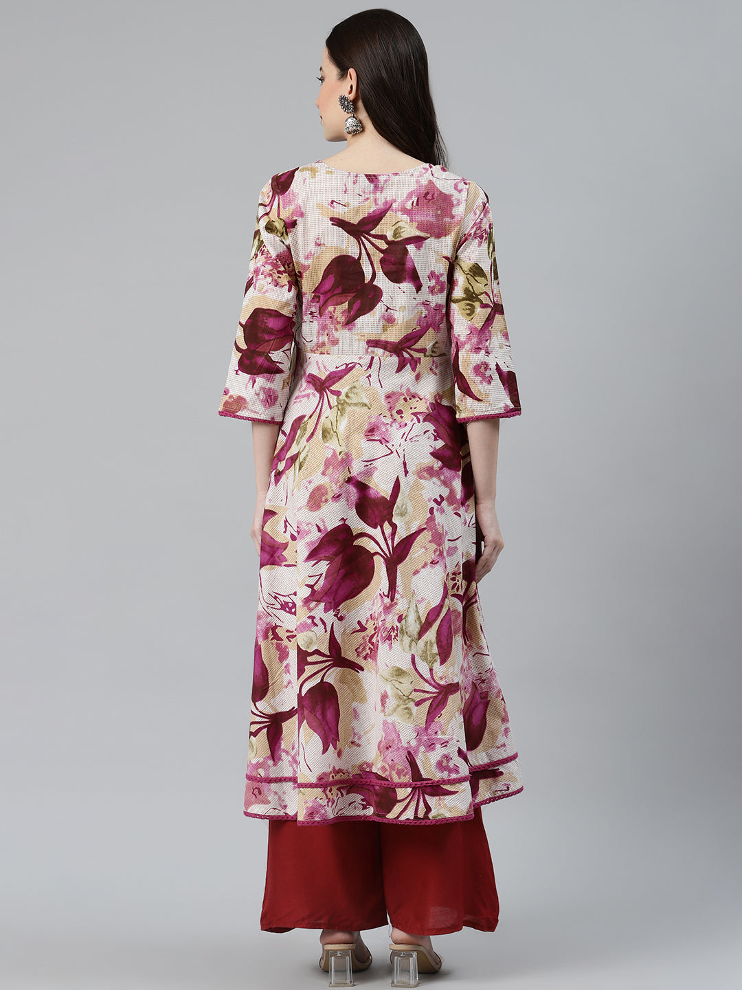 Jompers Women Off White & Purple Floral Printed Floral Anarkali Kurta