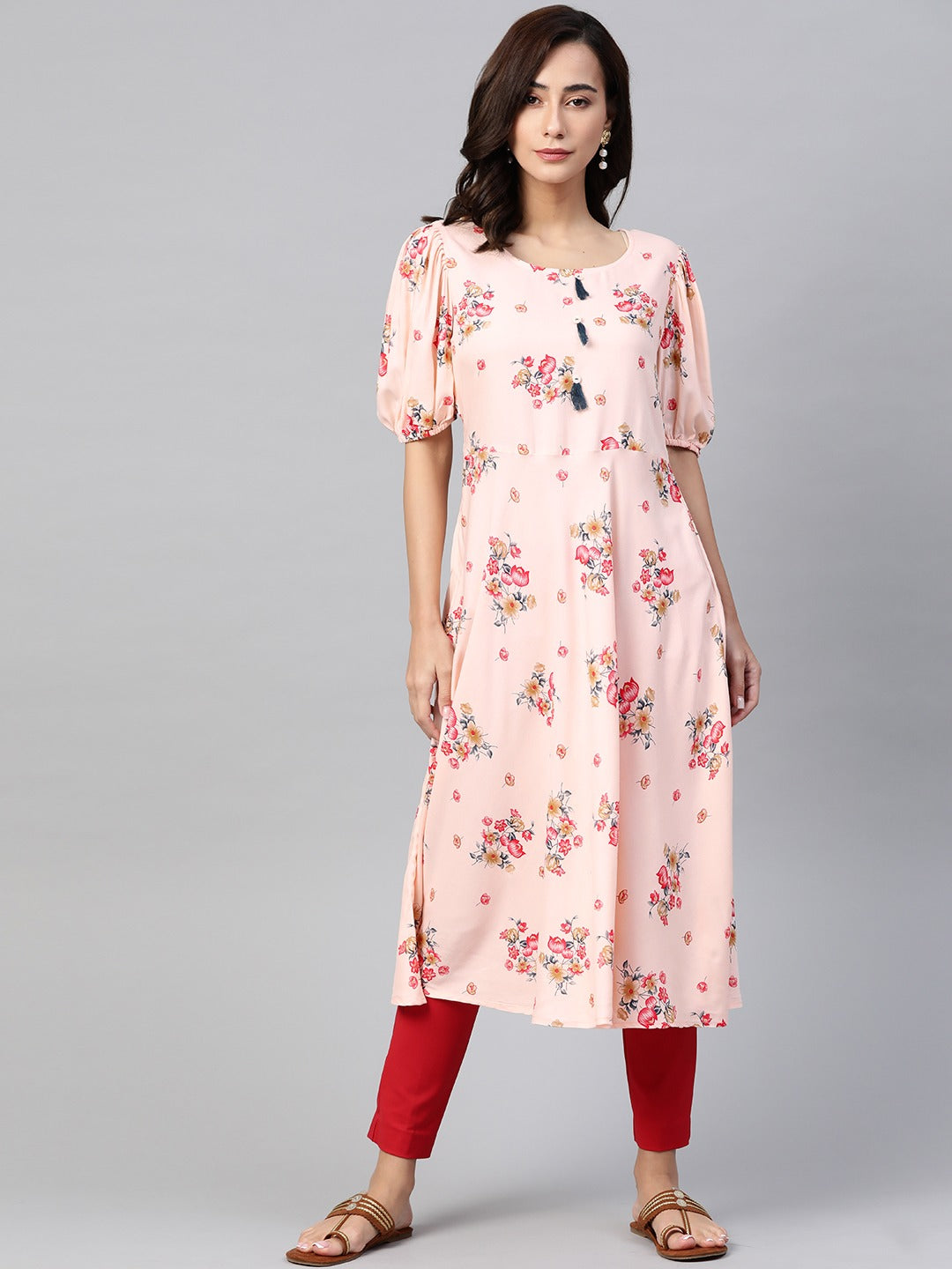 Jompers Women Pink & Red Floral Printed A-Line Kurta