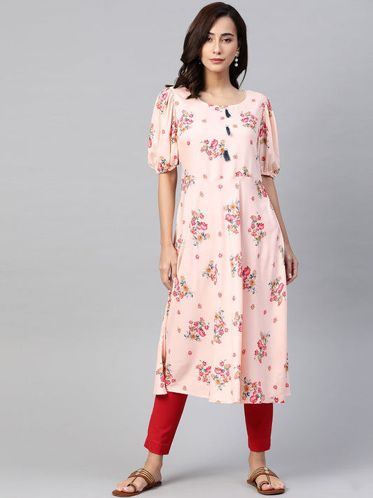 Jompers Women Pink & Red Floral Printed A-Line Kurta