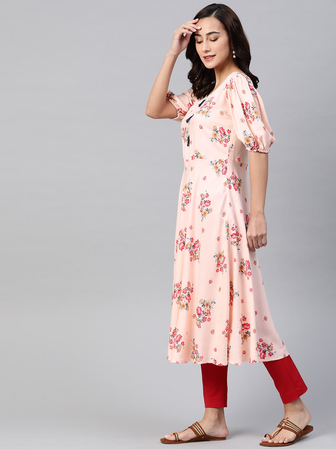 Jompers Women Pink & Red Floral Printed A-Line Kurta