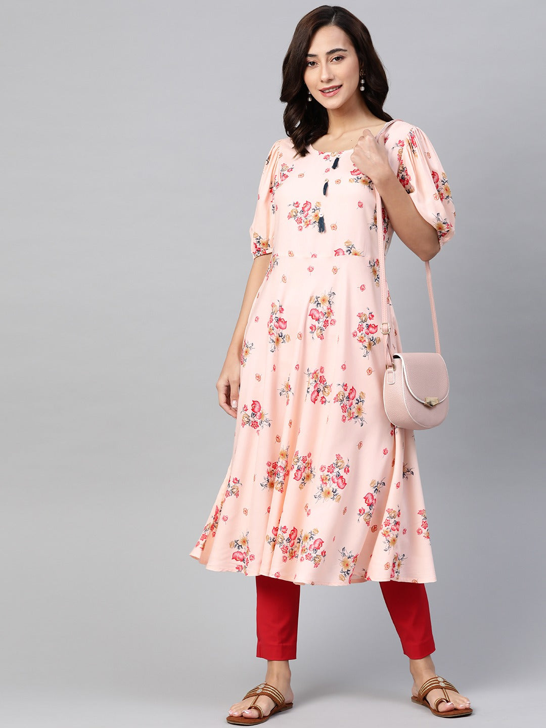 Jompers Women Pink & Red Floral Printed A-Line Kurta