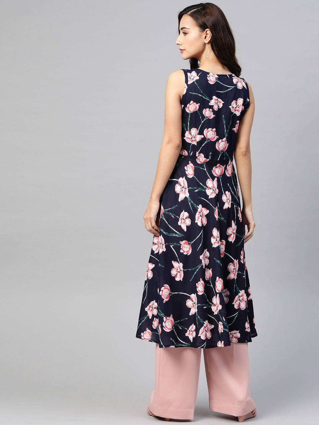 Jompers Women Navy Blue & Pink Floral Printed A-Line Kurta