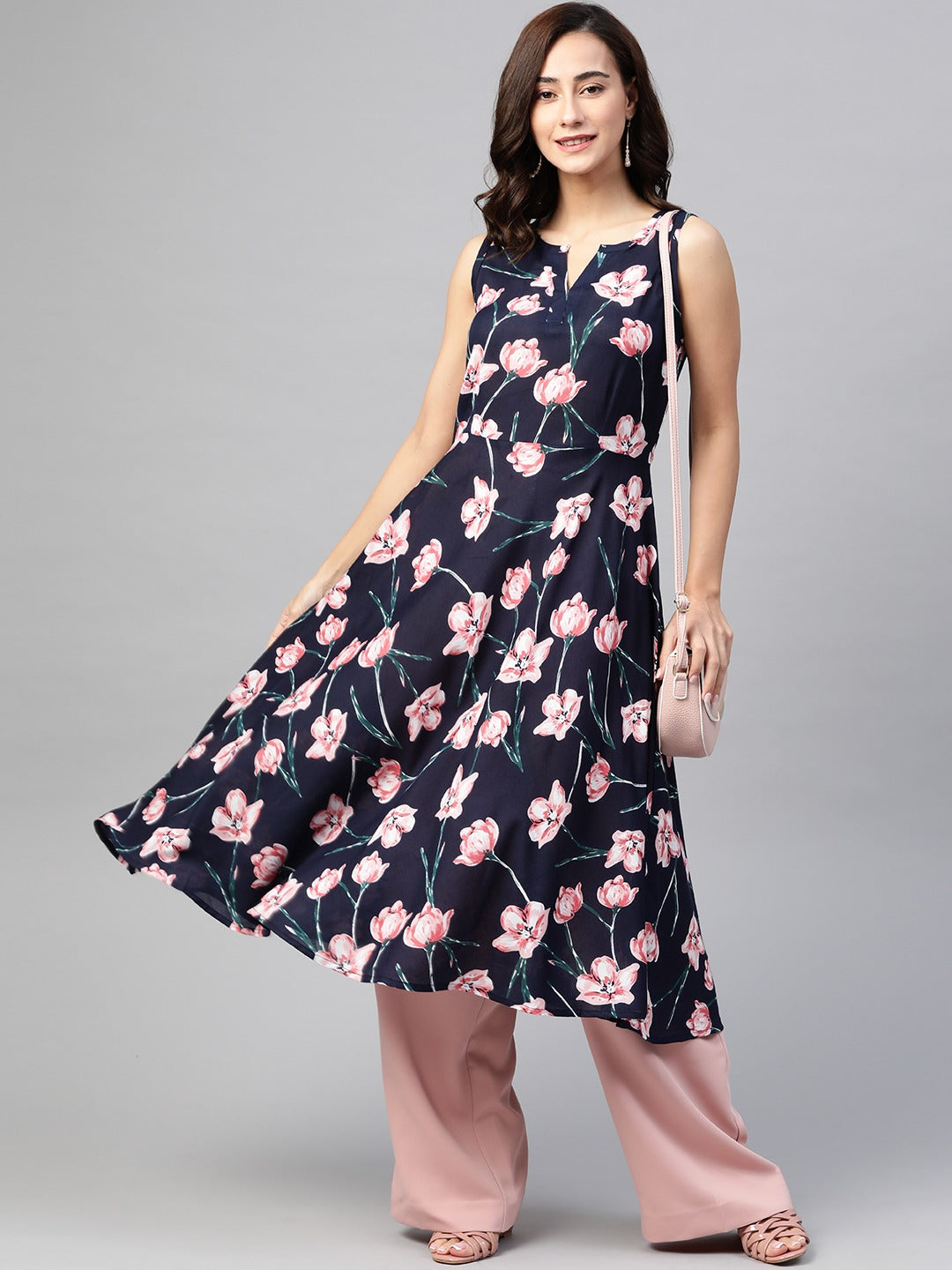 Jompers Women Navy Blue & Pink Floral Printed A-Line Kurta
