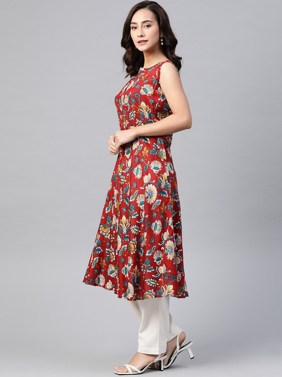 Jompers Women Maroon & Blue Ethnic Motifs Printed Flaired Kurta