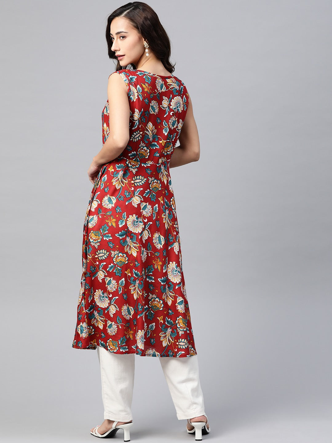 Jompers Women Maroon & Blue Ethnic Motifs Printed Flaired Kurta