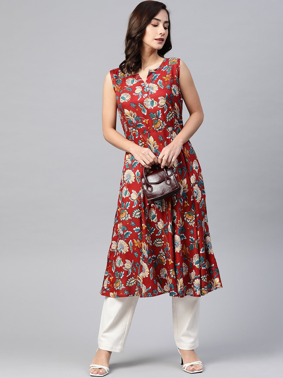 Jompers Women Maroon & Blue Ethnic Motifs Printed Flaired Kurta