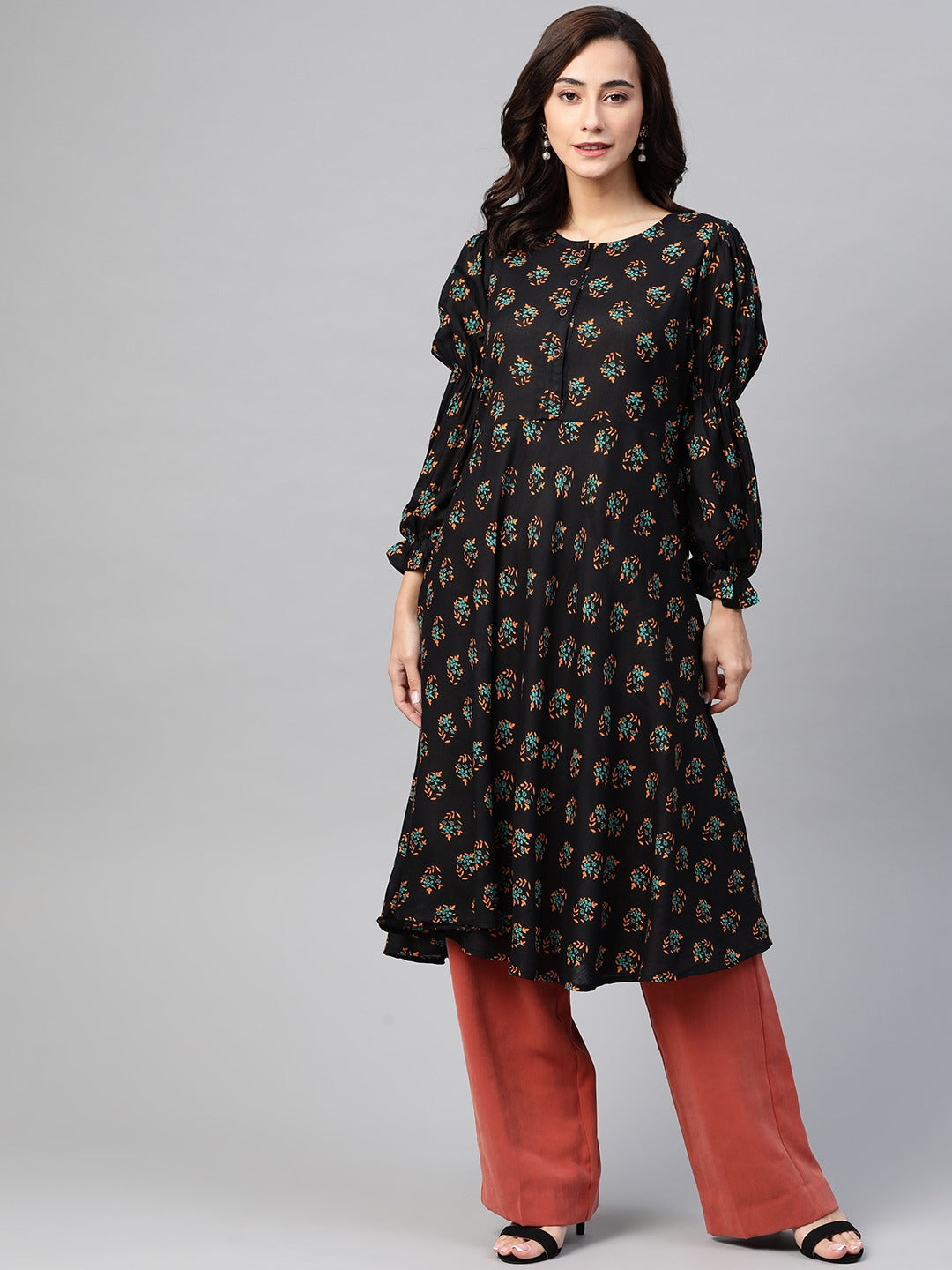 Jompers Women Black & Mustard Yellow Floral Printed A-Line Kurta