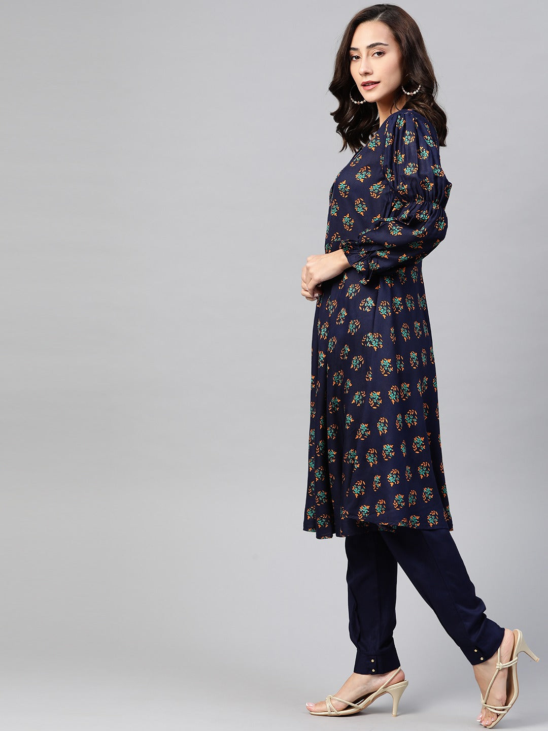 Jompers Women Navy & Mustard Yellow Floral Printed A-Line Kurta