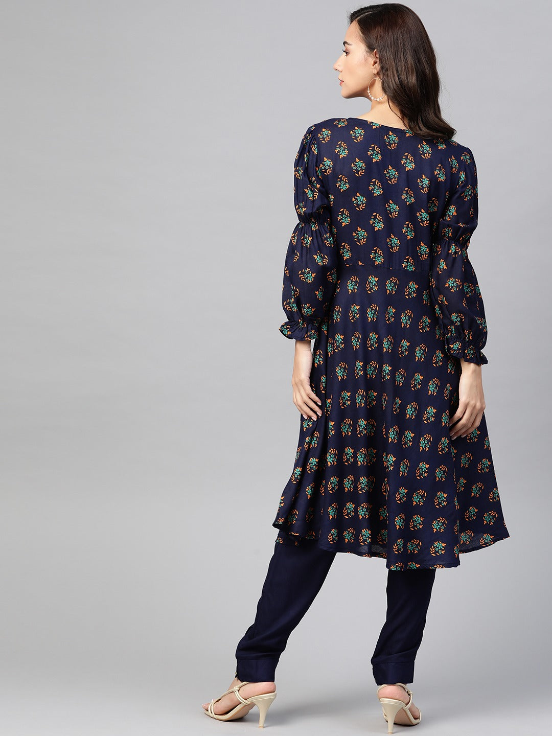 Jompers Women Navy & Mustard Yellow Floral Printed A-Line Kurta