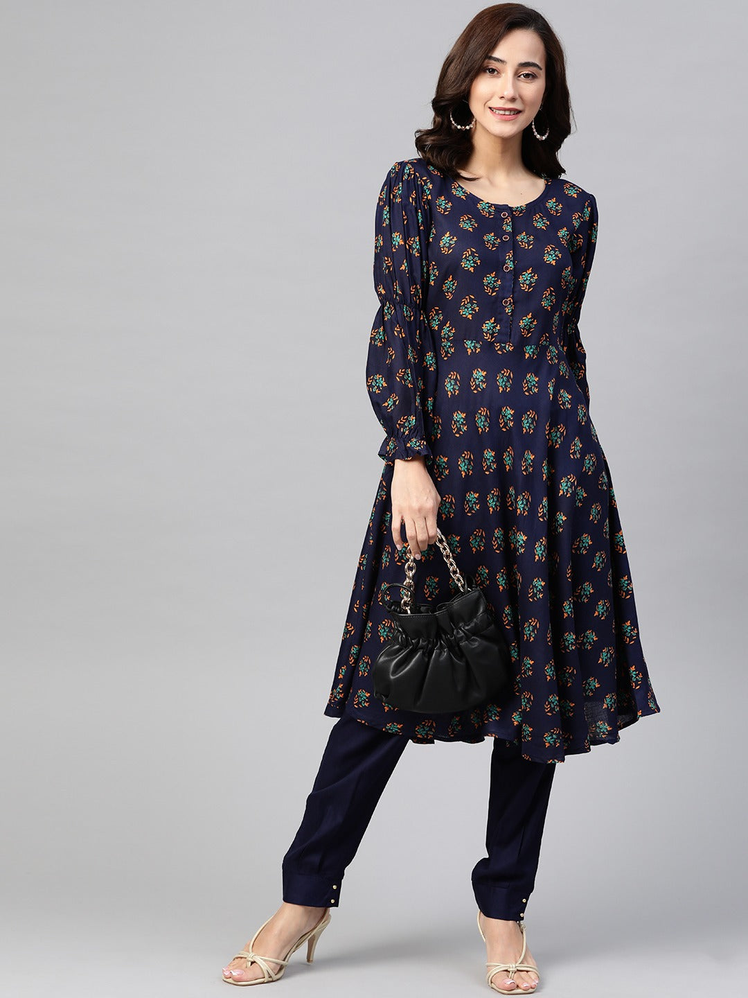 Jompers Women Navy & Mustard Yellow Floral Printed A-Line Kurta