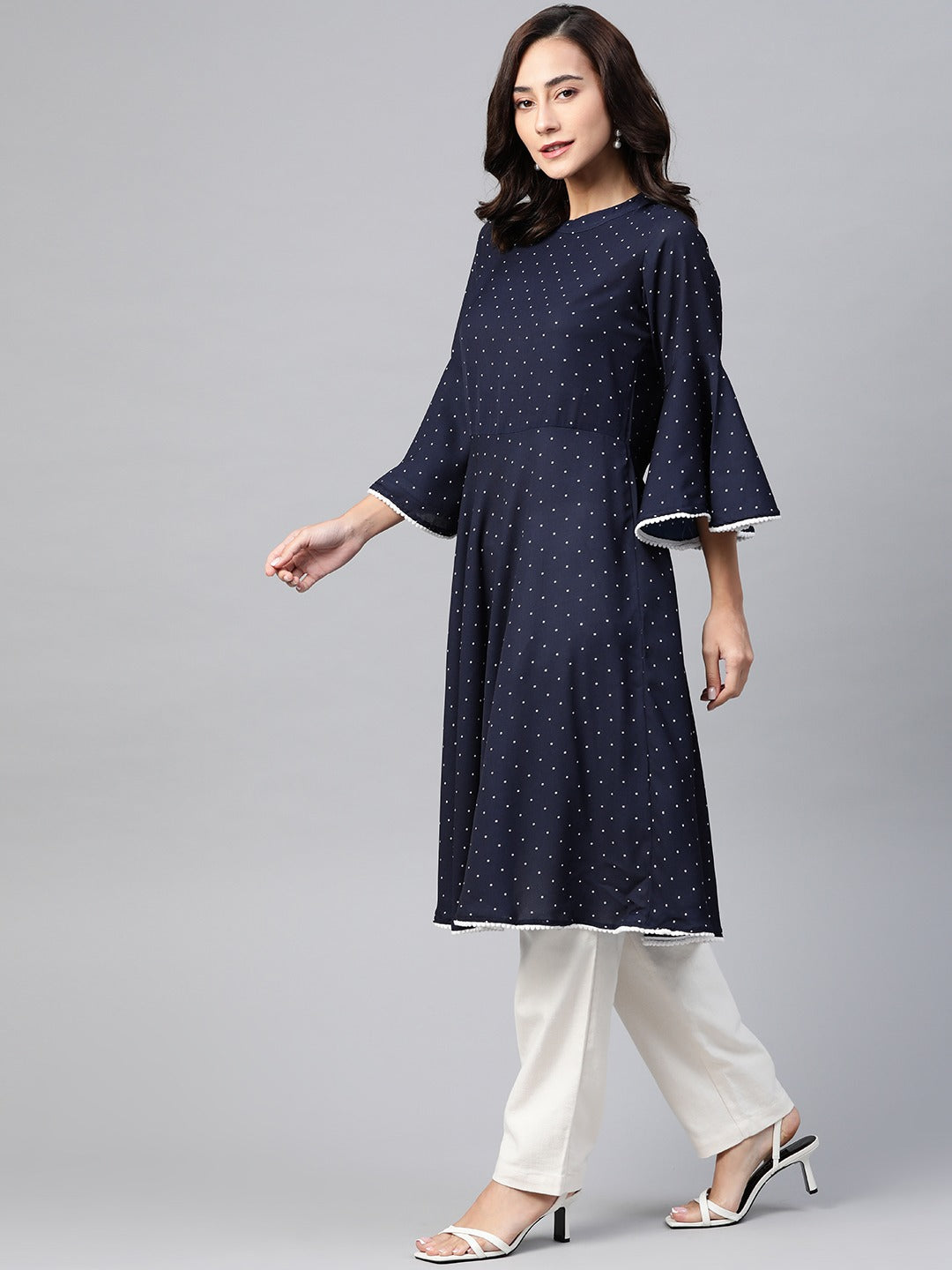 Jompers Women Navy Blue & White Polka Dots Print Bell Sleeves Anarkali Kurta