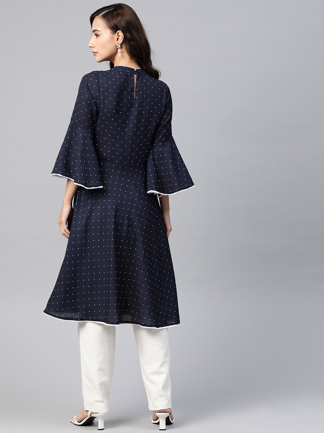 Jompers Women Navy Blue & White Polka Dots Print Bell Sleeves Anarkali Kurta