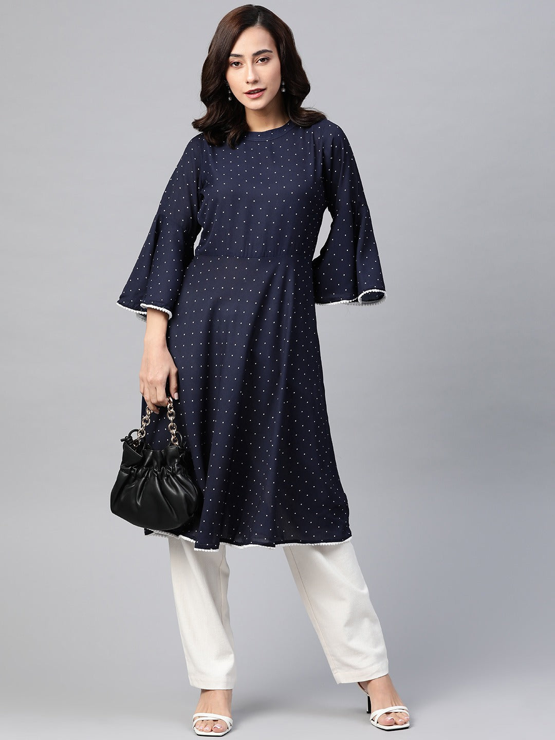 Jompers Women Navy Blue & White Polka Dots Print Bell Sleeves Anarkali Kurta