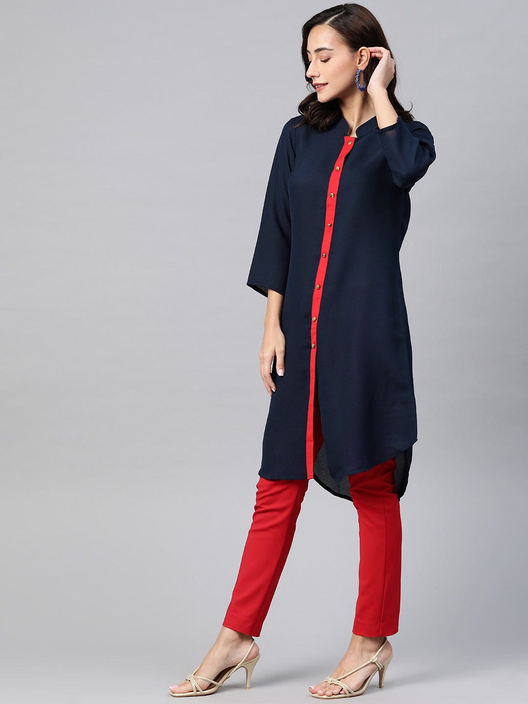 Jompers Women Navy Blue & Red Solid A-line Kurta