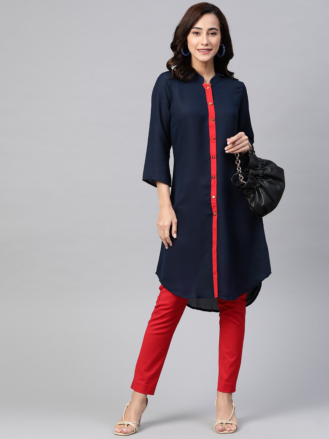 Jompers Women Navy Blue & Red Solid A-line Kurta
