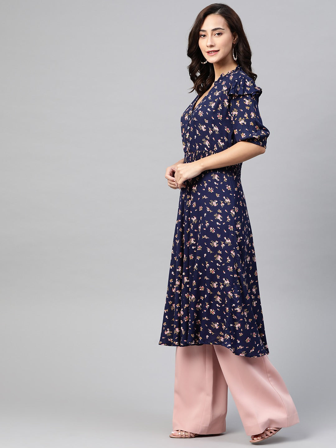 Jompers Women Navy Blue & Pink Floral Printed Floral Anarkali Kurta