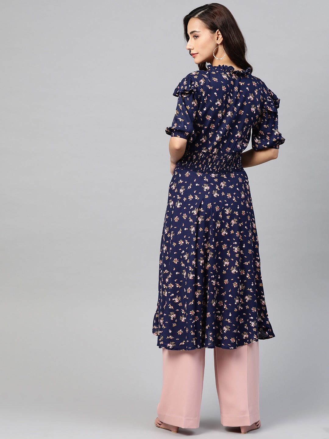 Jompers Women Navy Blue & Pink Floral Printed Floral Anarkali Kurta