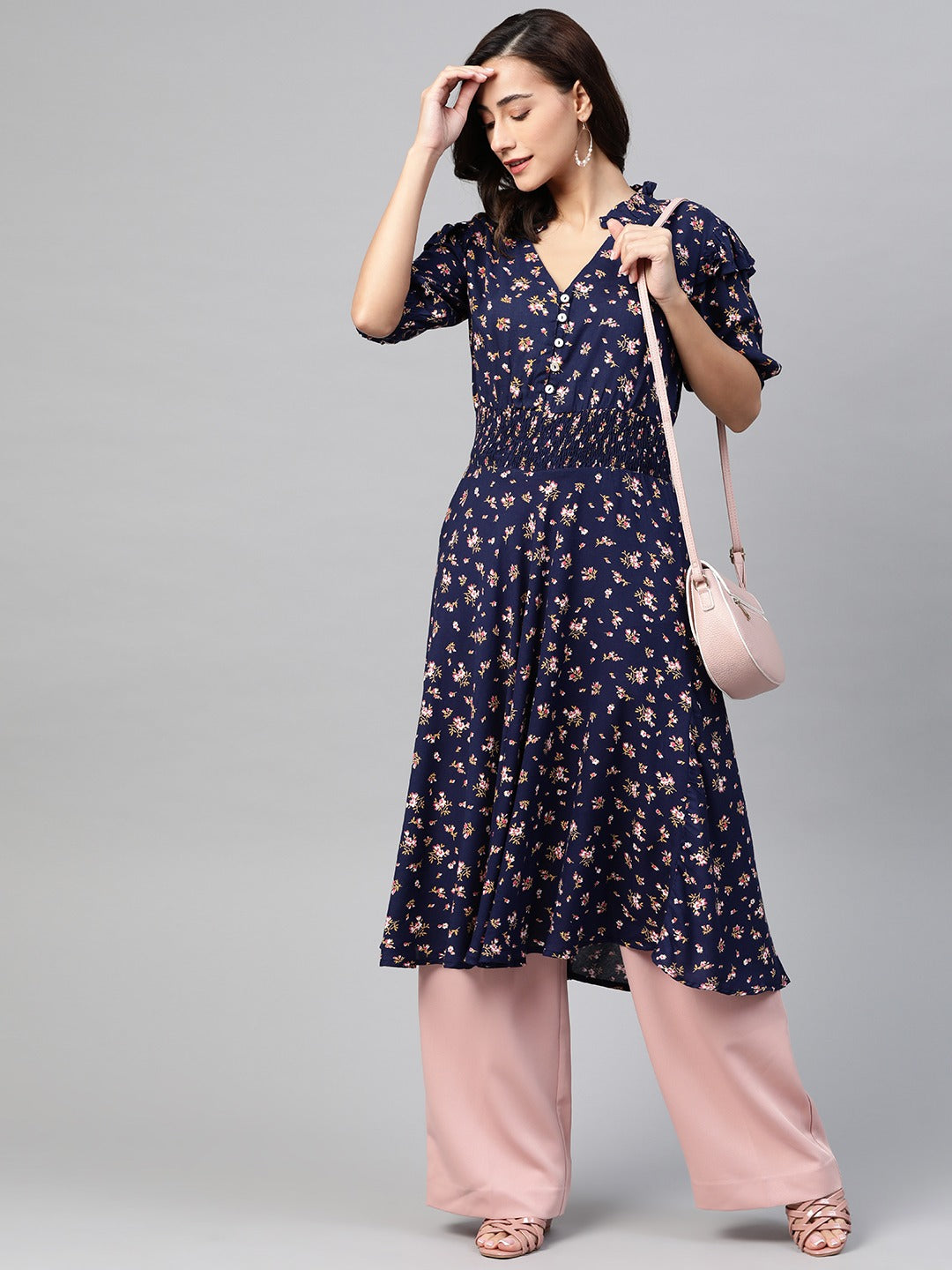 Jompers Women Navy Blue & Pink Floral Printed Floral Anarkali Kurta