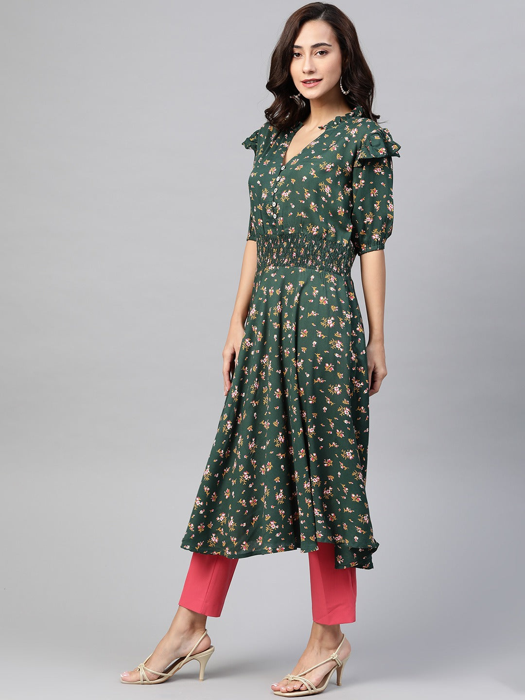 Jompers Women Green & Pink Floral Printed Floral Anarkali Kurta