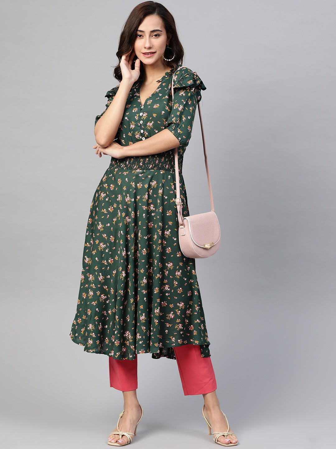 Jompers Women Green & Pink Floral Printed Floral Anarkali Kurta