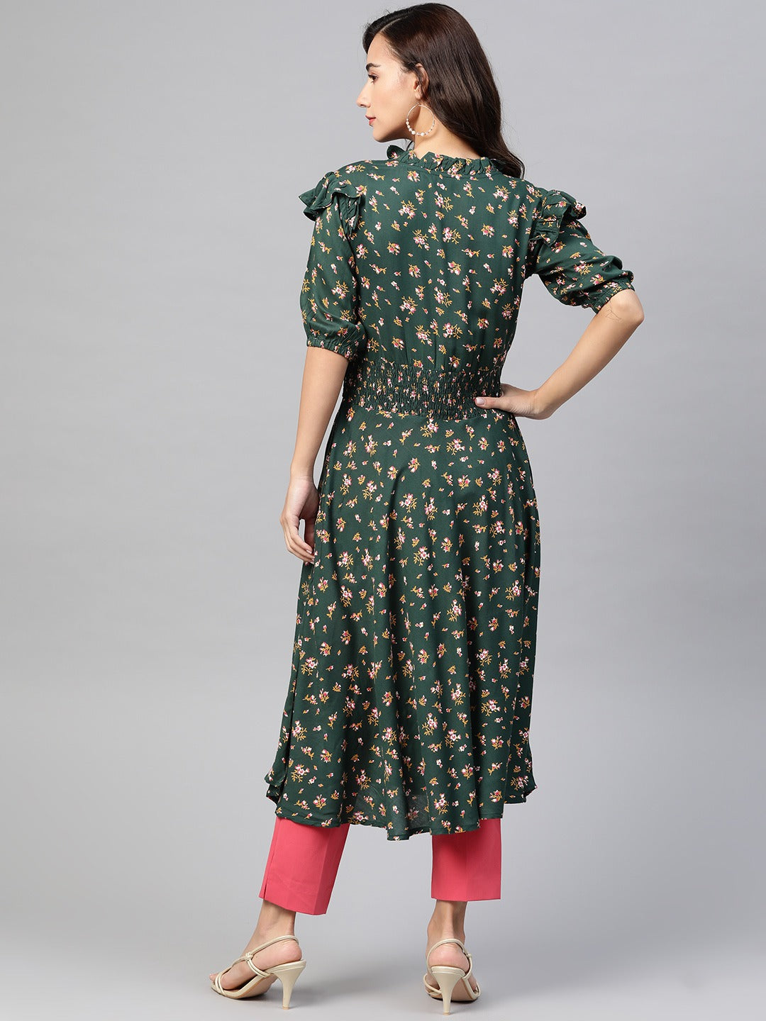 Jompers Women Green & Pink Floral Printed Floral Anarkali Kurta