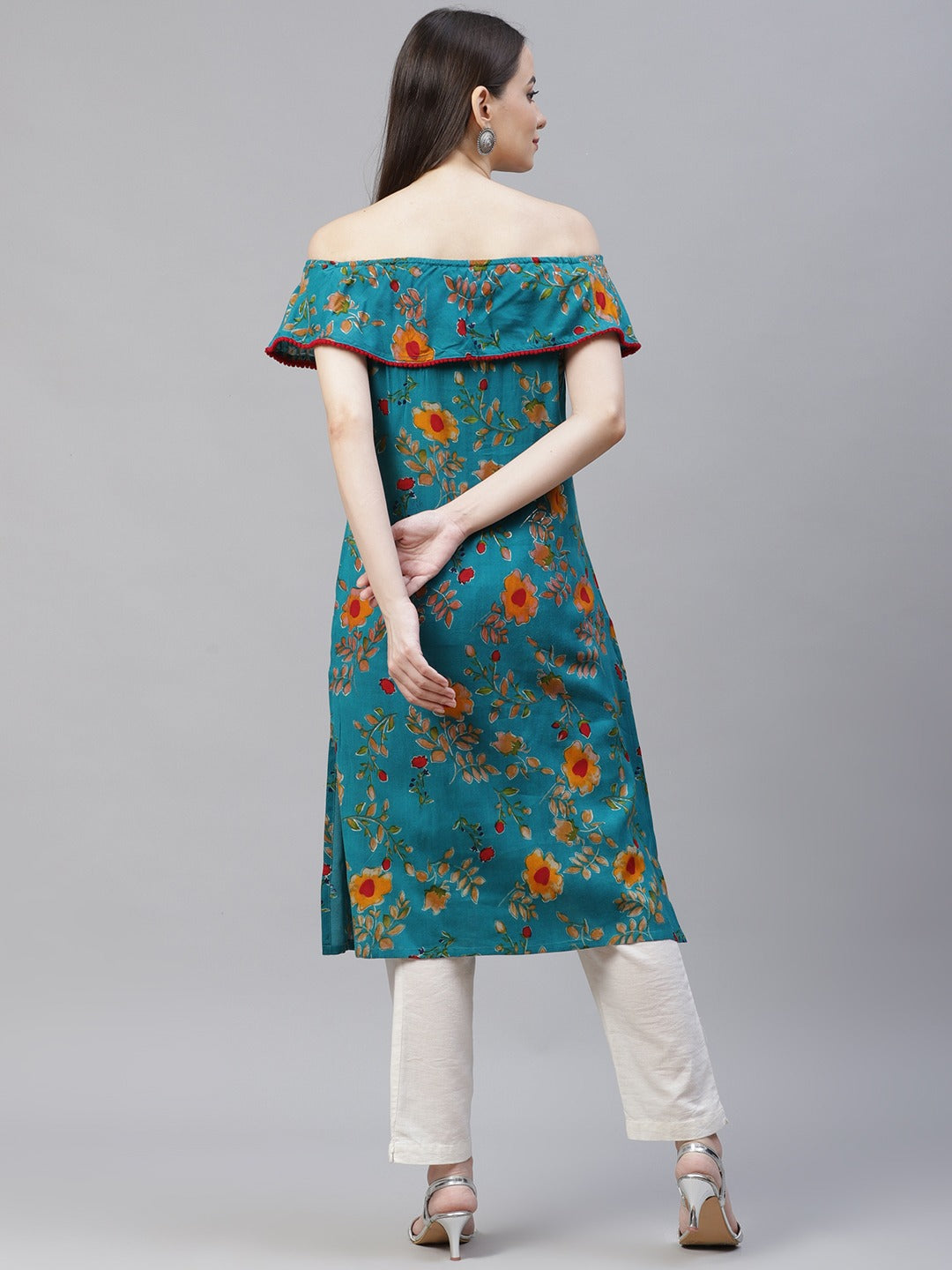 Jompers Women Rama-Green & Yellow Floral Printed Straight Kurta