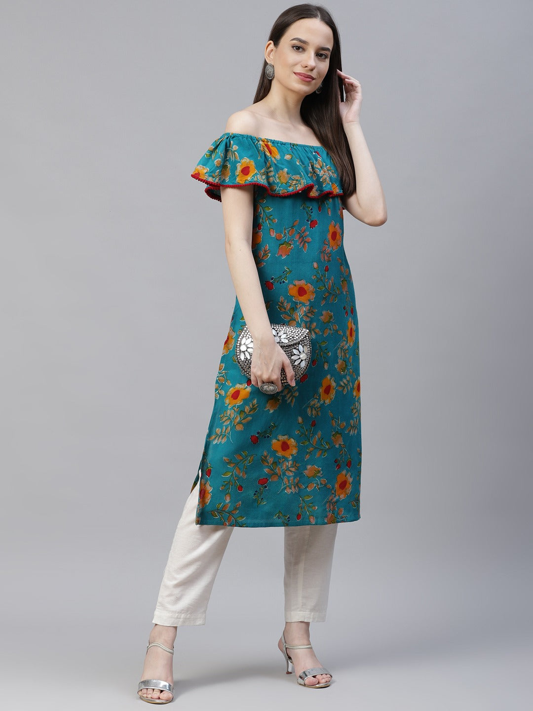 Jompers Women Rama-Green & Yellow Floral Printed Straight Kurta