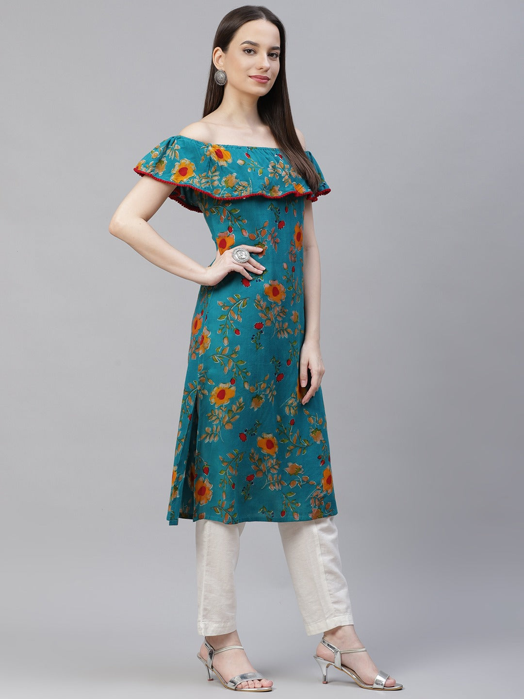 Jompers Women Rama-Green & Yellow Floral Printed Straight Kurta