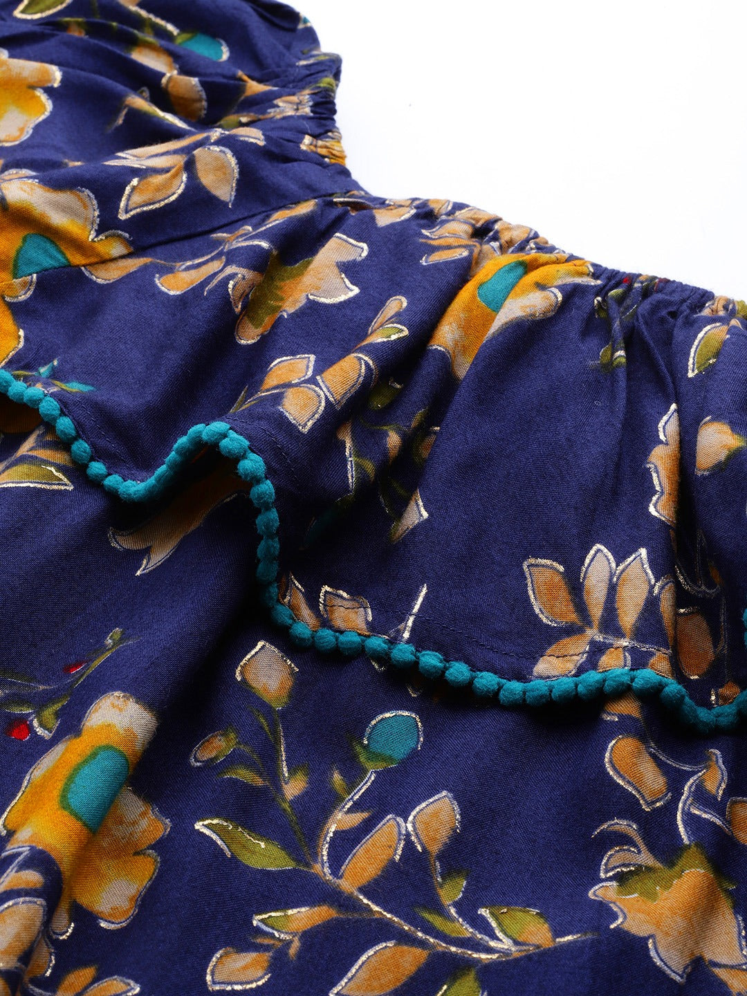 Jompers Women Navy Blue & Yellow Floral Printed Straight Kurta