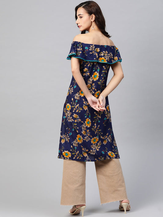 Jompers Women Navy Blue & Yellow Floral Printed Straight Kurta