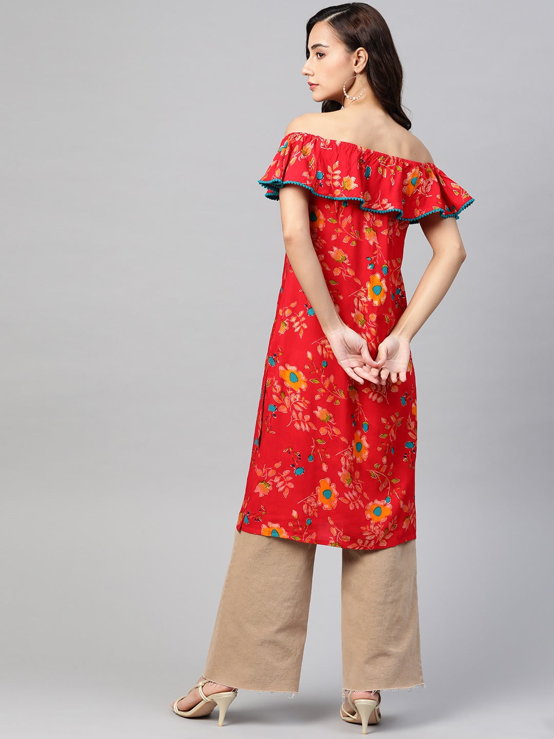 Jompers Women Red & Yellow Floral Printed Straight Kurta