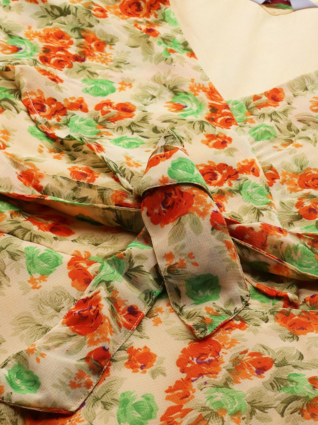 Jompers Women Beige, Orange & Green Floral Printed Georgette Kurta
