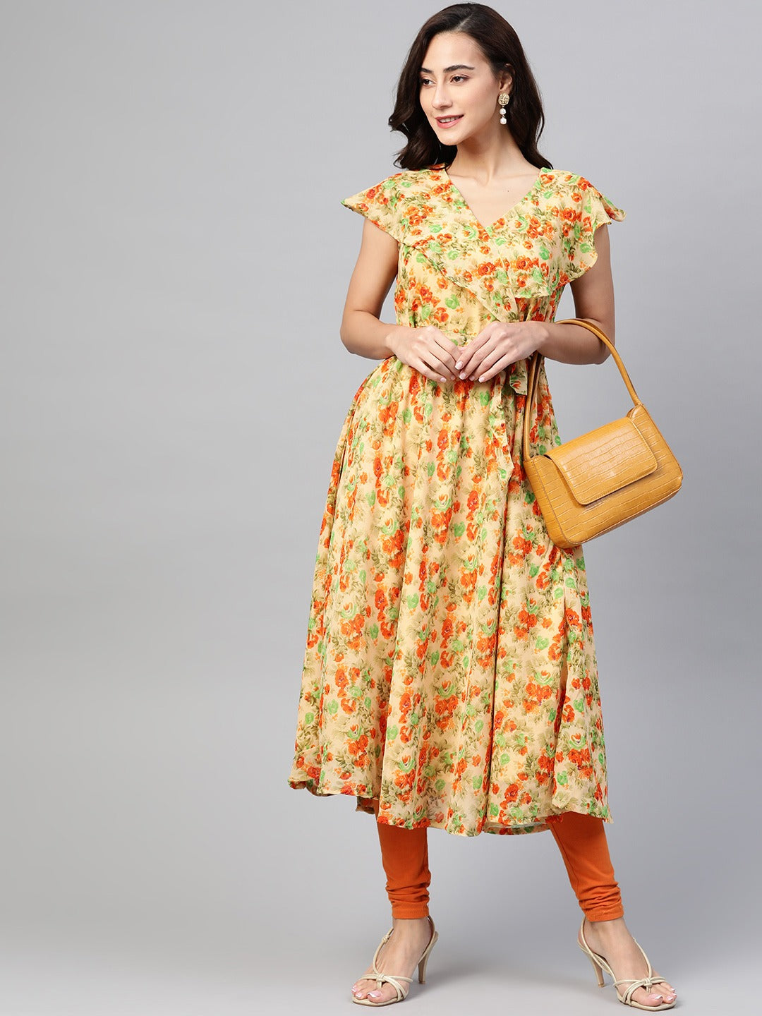 Jompers Women Beige, Orange & Green Floral Printed Georgette Kurta