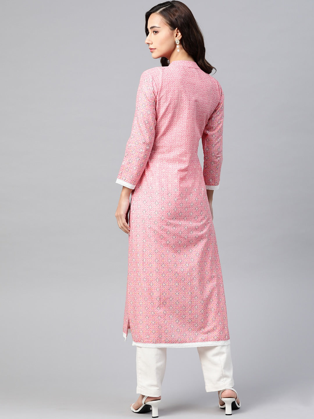 Jompers Women Pink & Off White Pure Cotton Ethnic Motifs Printed Kurta