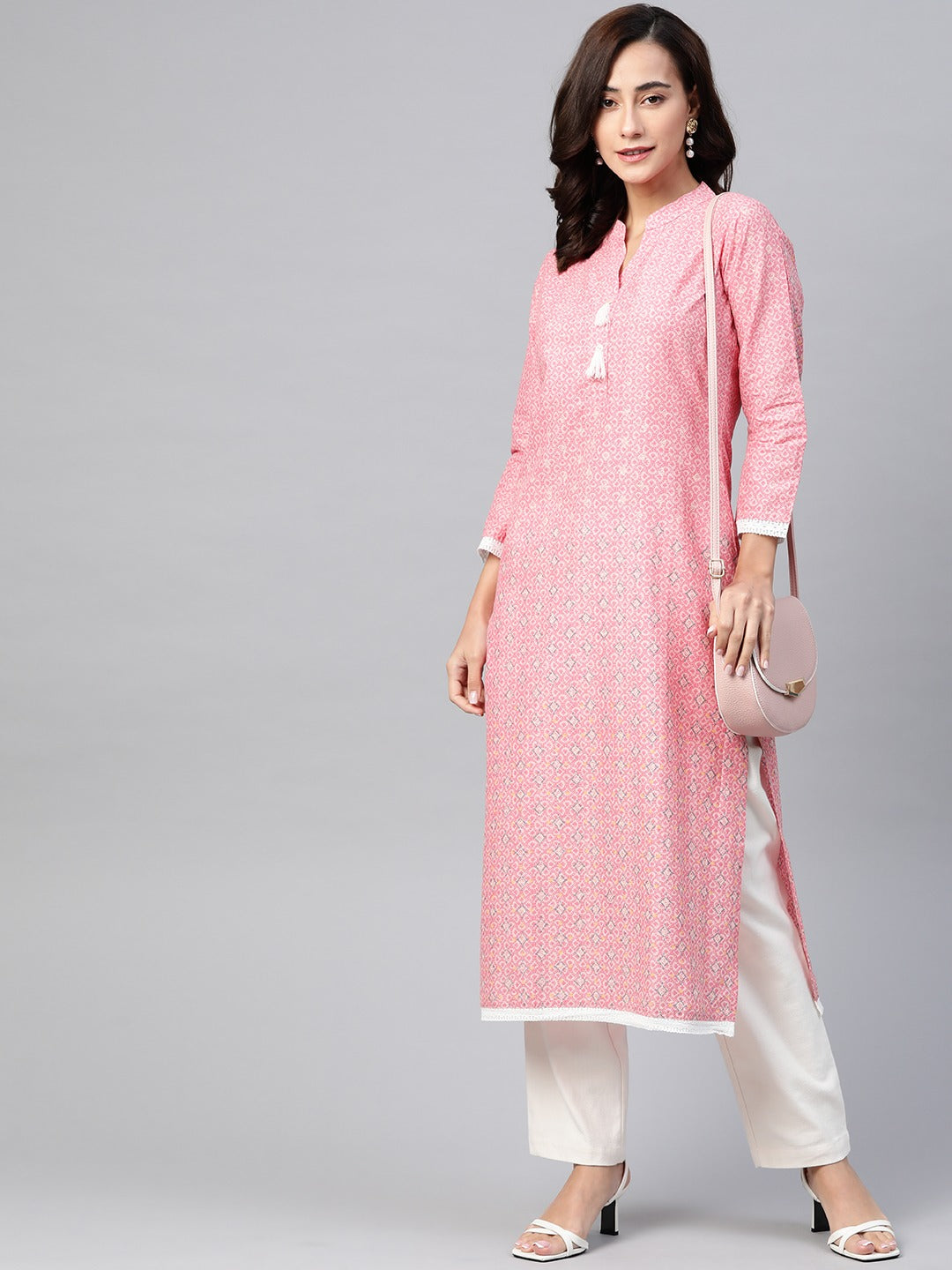 Jompers Women Pink & Off White Pure Cotton Ethnic Motifs Printed Kurta