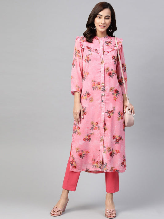 Jompers Women Pink & Olive Green Floral Printed Frills Straight Kurta