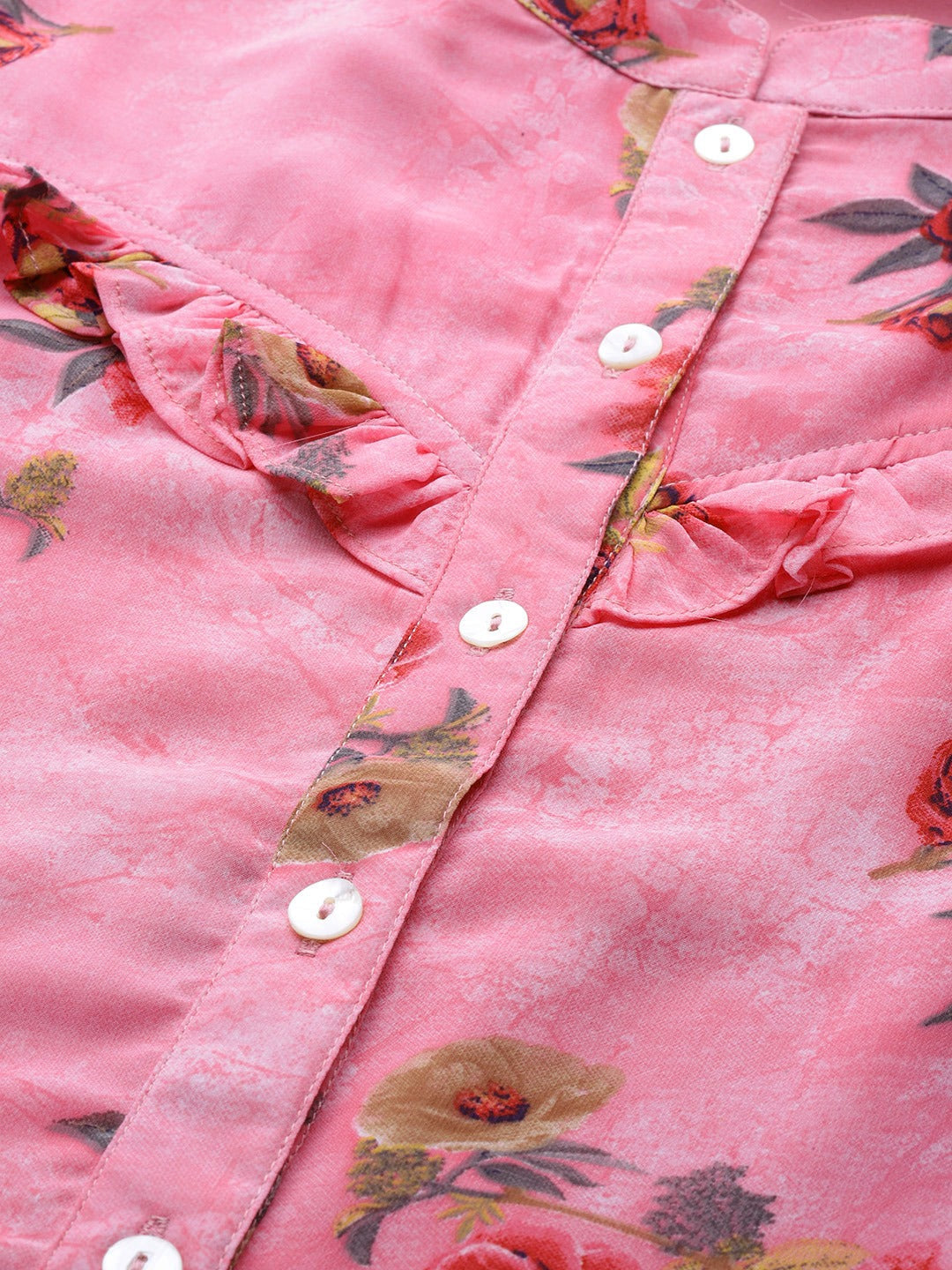 Jompers Women Pink & Olive Green Floral Printed Frills Straight Kurta