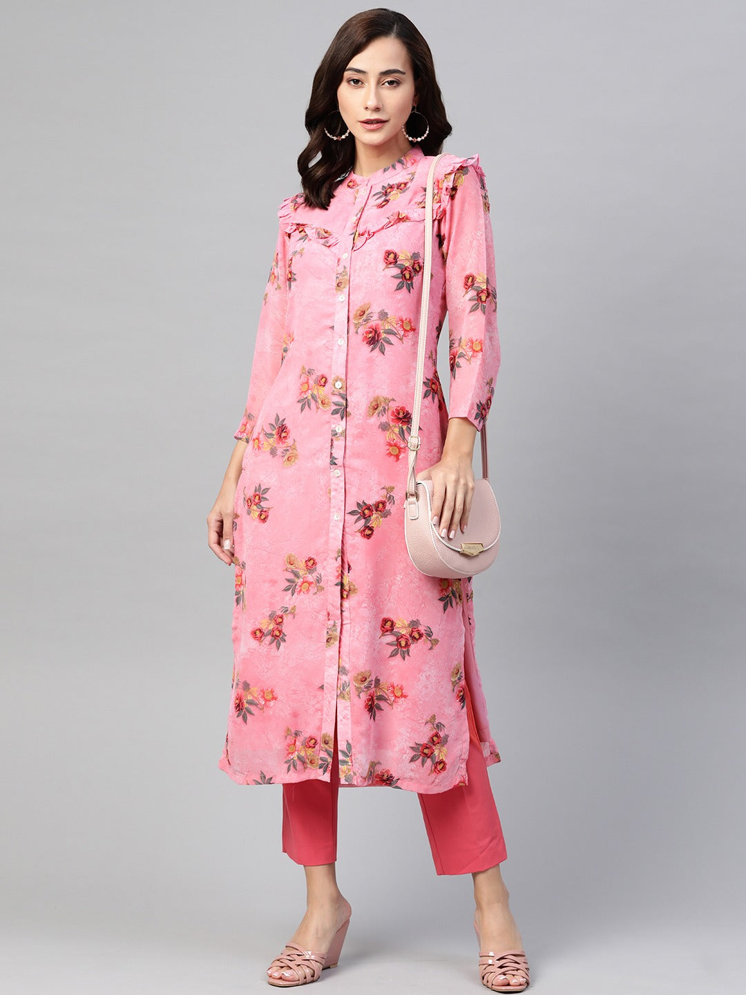 Jompers Women Pink & Olive Green Floral Printed Frills Straight Kurta