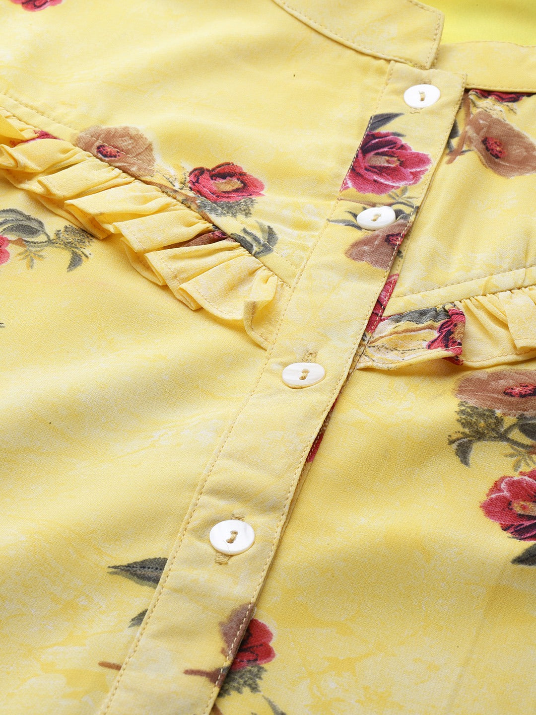 Jompers Women Yelloe & Pink Floral Printed Frills Bows and Ruffles Straight Kurta