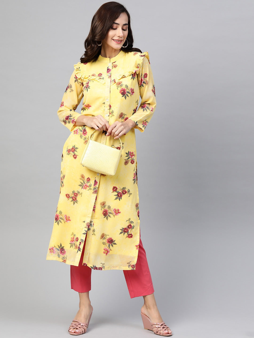 Jompers Women Yelloe & Pink Floral Printed Frills Bows and Ruffles Straight Kurta