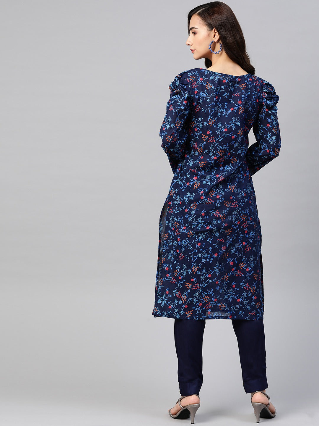 Jompers Women Navy Blue & Red Floral Printed Floral Straight Kurta
