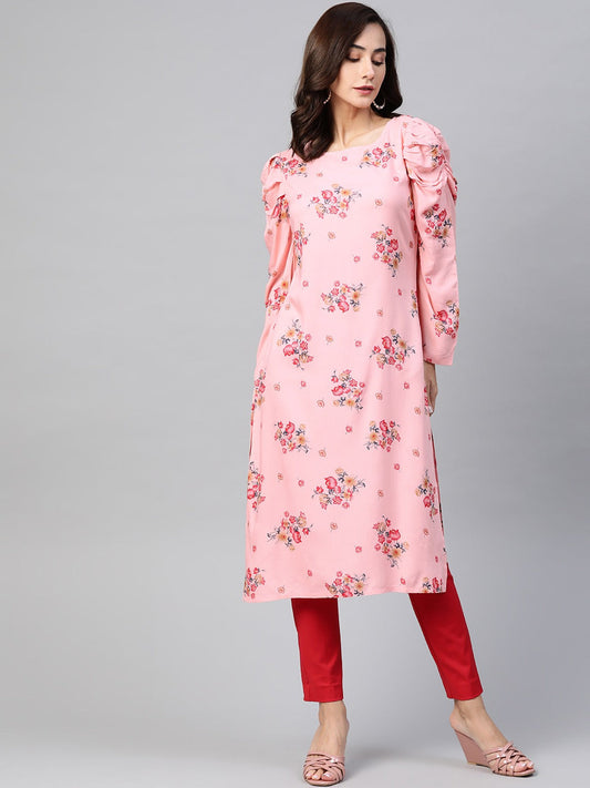 Jompers Women Pink & Red Floral Printed Kurta