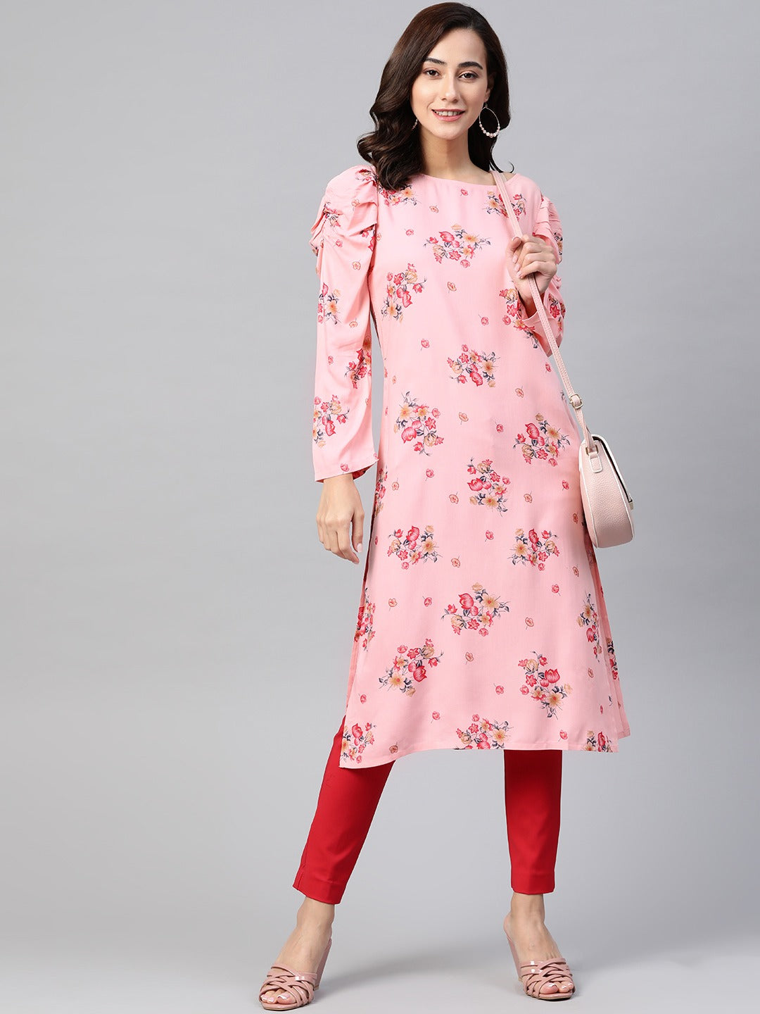 Jompers Women Pink & Red Floral Printed Kurta