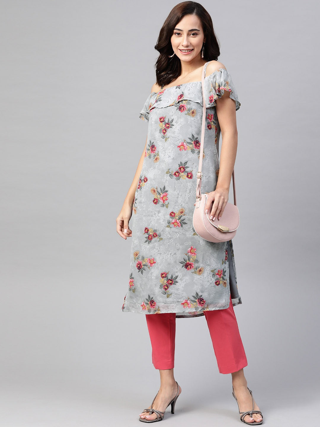 Jompers Women Grey & Pink Floral Printed Off-Shoulder Floral Kurta